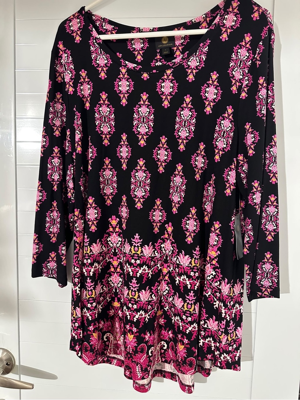 Black & Pink Floral Border-Print Long Sleeve Dress - Classic Scoop Neck